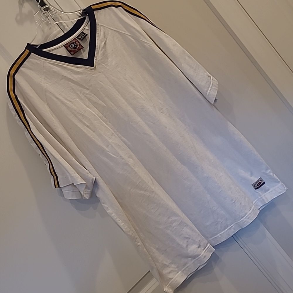 OCI Relaxed White Cotton Shirt with Blue and Yellow on arms